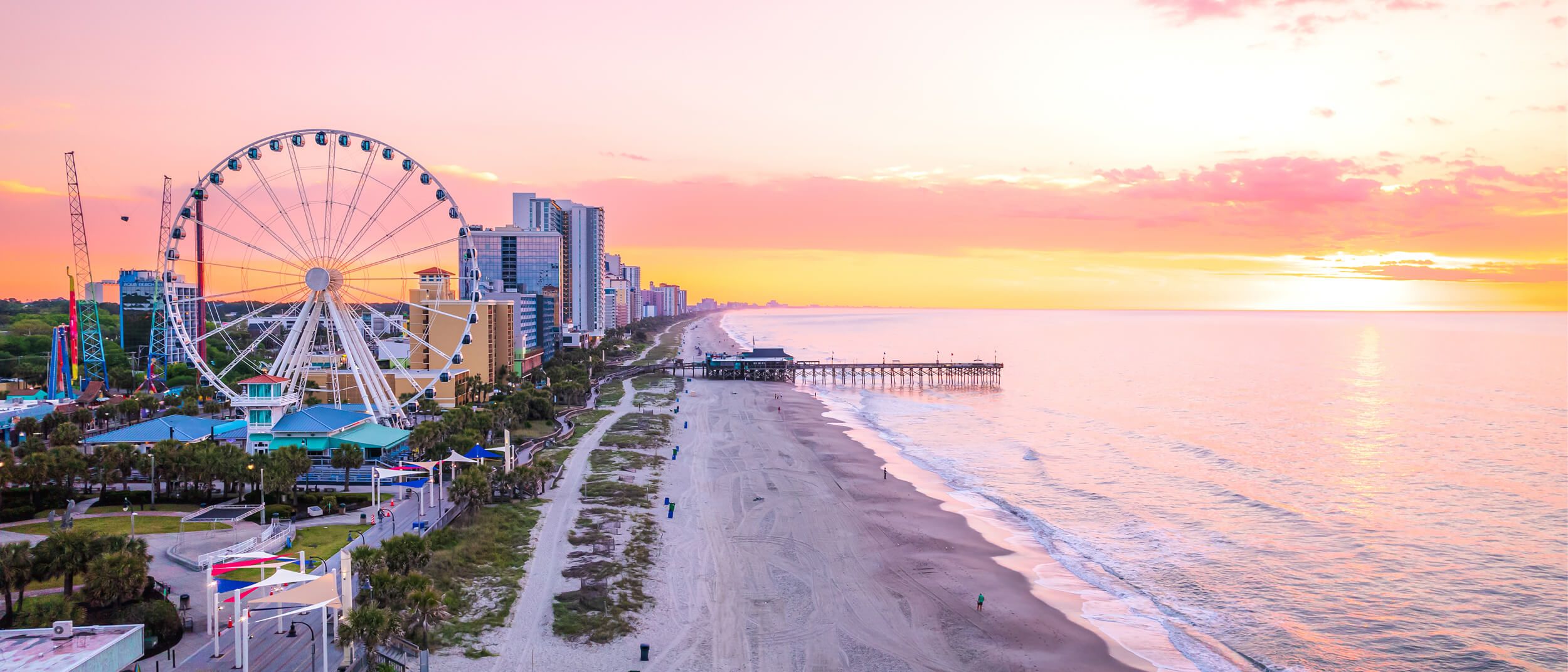 Myrtle Beach boardwalk and oceanfront at sunrise